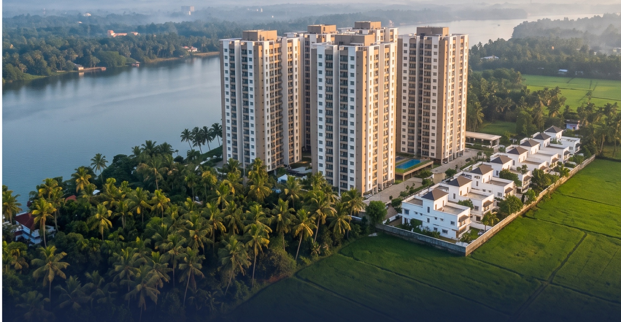 Waterfront apartment towers at Acquacity Moon Water Township, Aluva